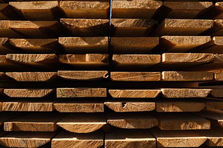 Wood factory stock and lumber board with nature business export. Wood timber in the sawmill. Wood backgroundの写真素材