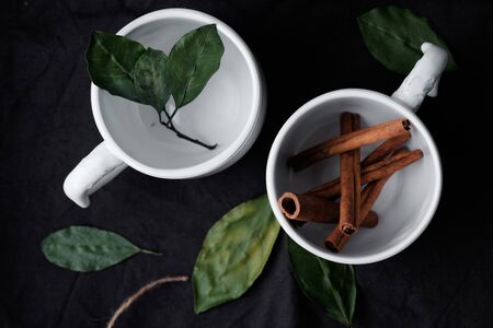 beautiful flat lay. cinnamon sticks and green leaves in a white cup on a dark background. Top view.の写真素材