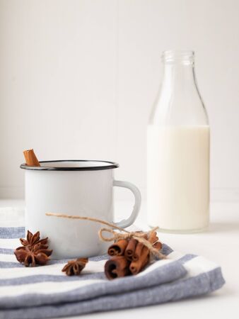 cup with tasty chocolate milk on a wooden table. Milk drink. top viewの写真素材