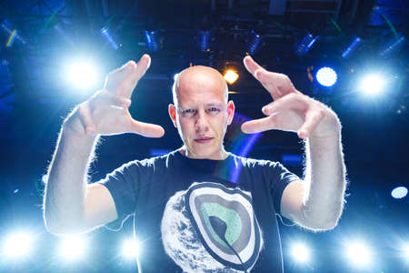 Kazan, Russia - June 28, 2019: performance of the Iranian group Infected Mushroom at the Pyramid Club. Portert of lead singer Amit Duvdevaniのeditorial素材