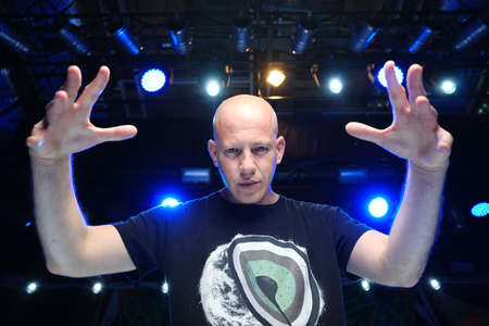 Kazan, Russia - June 28, 2019: performance of the Iranian group Infected Mushroom at the Pyramid Club. Portert of lead singer Amit Duvdevaniのeditorial素材