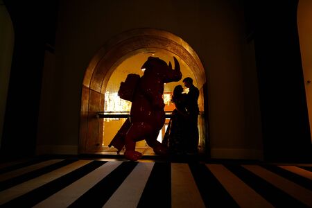 Silhouettes of a young beautiful couple - a girl in a magnificent dress and a guy in a black shirt and trousers are hugging while in a historical building. Concept of romance and loveの写真素材
