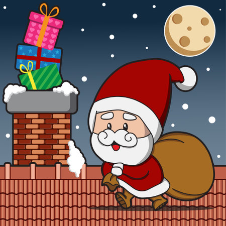 Santa Claus walking on the roof to give gifts on Christmas eve through the chimney. Vector illustration graphic.のイラスト素材