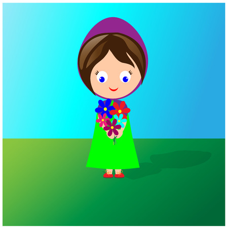 Little cute girl in dress holding a bouquet of wild flowersのイラスト素材