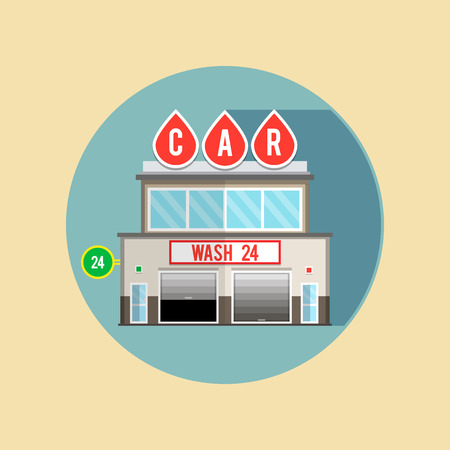 Car wash for cars, the facade of the building. Flat style illustrations or icons.のイラスト素材