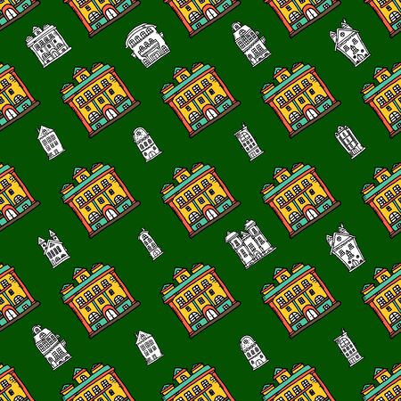 Hand-drawn seamless pattern with doodle houses.のイラスト素材