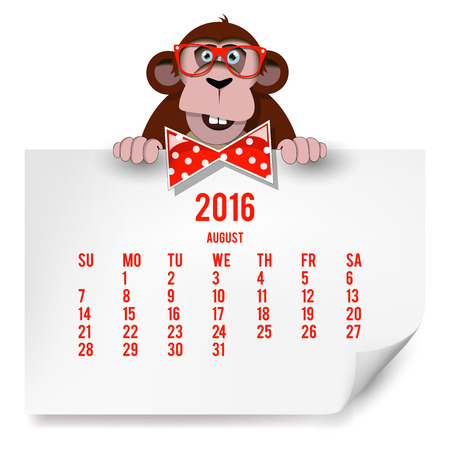 Calendar with a monkey for 2016. The month of August. のイラスト素材