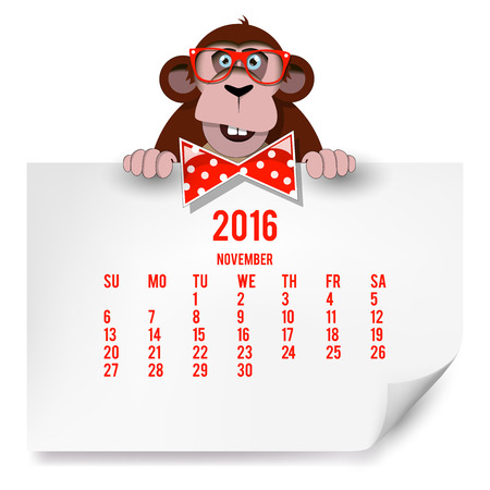 Calendar with a monkey for 2016. The month of November. のイラスト素材