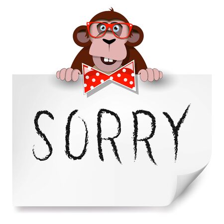 Cartoon monkey with glasses holding a sheet of paper on which is written sorry. のイラスト素材