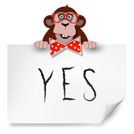 Cartoon monkey with glasses holding a sheet of paper on which is written yes.のイラスト素材