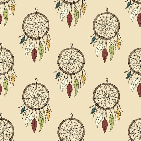 Seamless illustration with dream catchers on a colored background. Can be used for textiles and Wallpaper.のイラスト素材
