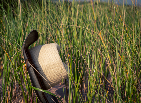 straw hat in beach grassの写真素材