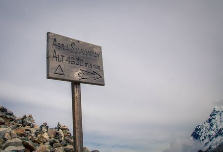 wooden sign mountain peruの写真素材