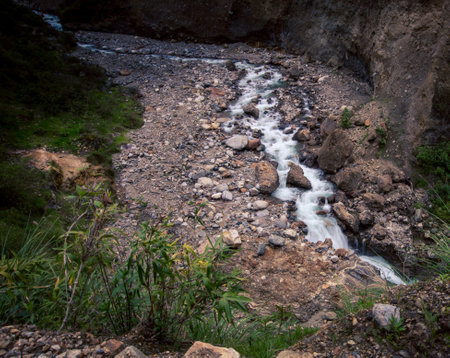 river in a valley in the Andes mountainの写真素材