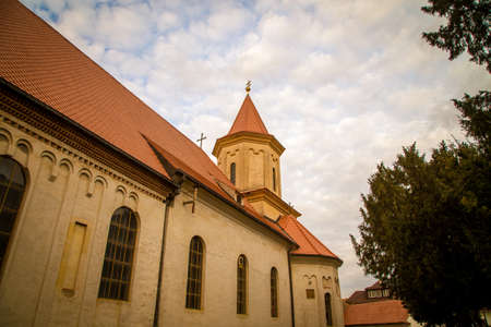 Church and tower in Brasov Romaniaの写真素材