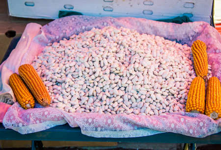 dried white beans at a marketの写真素材