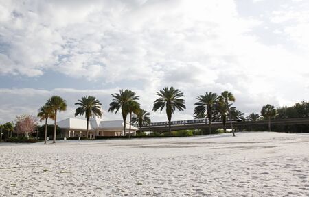 A white wedding chapel building on the Grand Floridian at Disney in Florida, with the monorail...