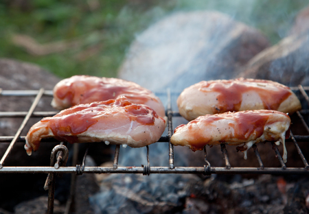 seasoned chicken meat cooking on a campfire barbequeの写真素材