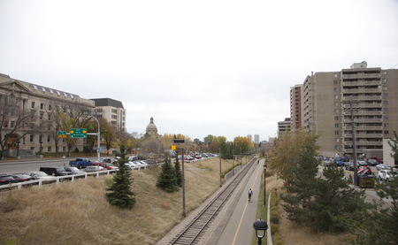 On October 6, 2017: editorial view of downtown Edmonton, Alberta near the Bowker Building and legislatureのeditorial素材