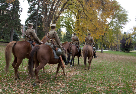 On October 6, 2017: Lord Strathcona's Mounted horse troop rides on display in Edmonton's legislature parkのeditorial素材