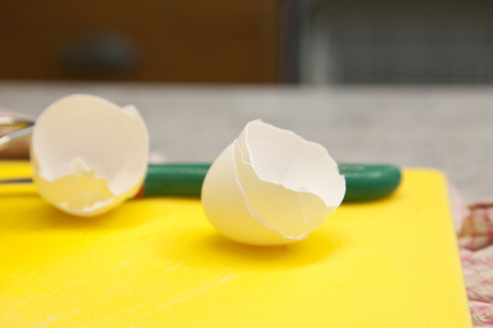 Cracked egg shells sit on a plastic cutting board in the kitchen