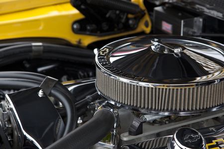 May 11, 2019- Eastern Passage, Nova Scotia- under the hood of a beautiful vintage 1977 Chevy Z28