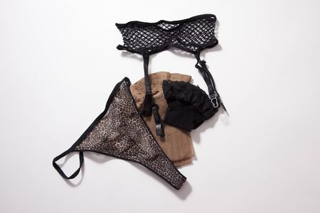 Bra, underwear, fishnet garter on a white background with copy spaceの写真素材