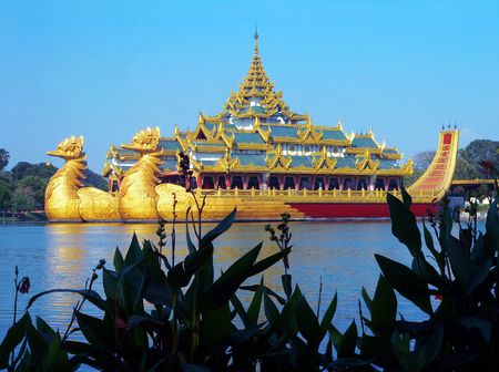 Burma (Myanmar) Karaweik Palace, Royal Barge Replica, Yangonの写真素材