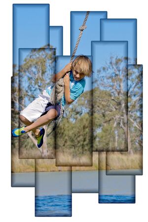 collage style image of a young boy on swinging on a rope over a river about to jump inの写真素材