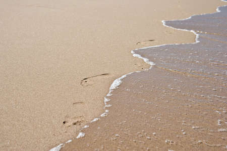footprints walk along the very edge of the waterの写真素材