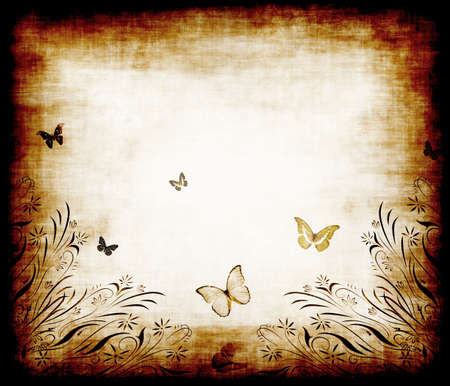 nice floral grunge illustration with butterflies on old parchmentの写真素材