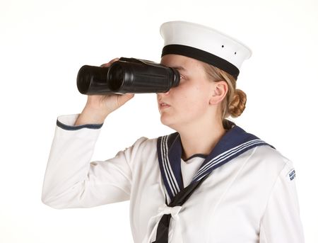 young female sailor with binoculars isolated on whiteの写真素材