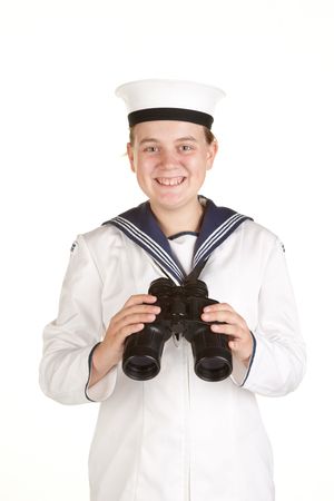 young female sailor with binoculars isolated on whiteの写真素材