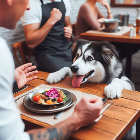 border collie dog doing puppy eyes asking for food in a restaurantの素材