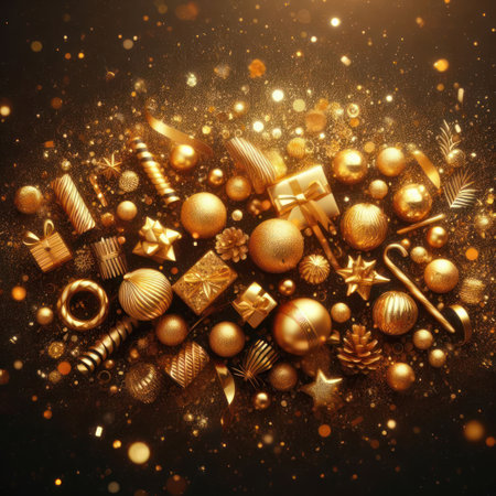 gold christmas ornaments in golden glitter background generative aiの素材