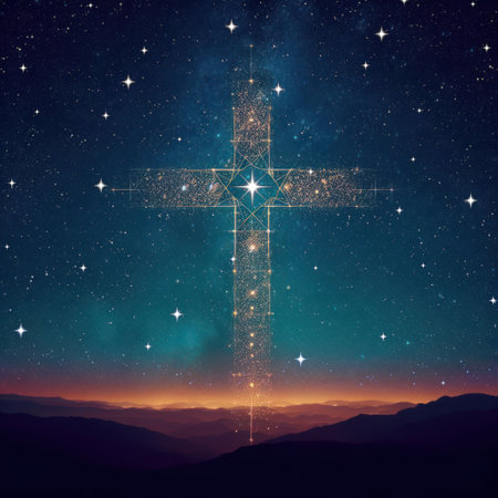 glowing stars forming the christian cross of christ at night illustration generative aiの素材
