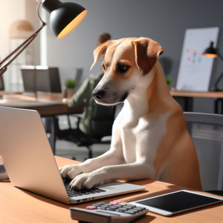funny dog using a laptop at the desk generative aiの素材