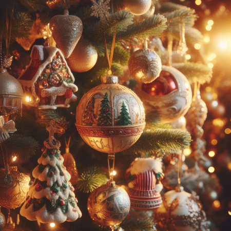 closeup of beautiful tree with lights and ornaments generative aiの素材