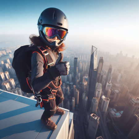 woman about to make the big leap and base jump in the city generative aiの素材