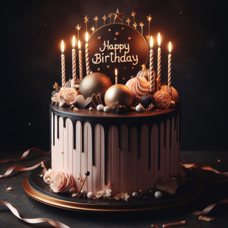 beautiful delicious and luxurious happy birthday cake with candlesの素材