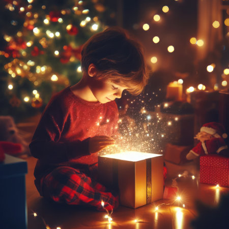 young child opening a wondrous glowing gift on christmas morning generative aiの素材