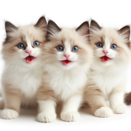 cute and adorable fluffy ragdoll kittens on white background generative aiの素材