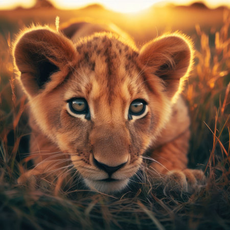 cute lion cub prowling and stalking in the african savannah generative aiの素材
