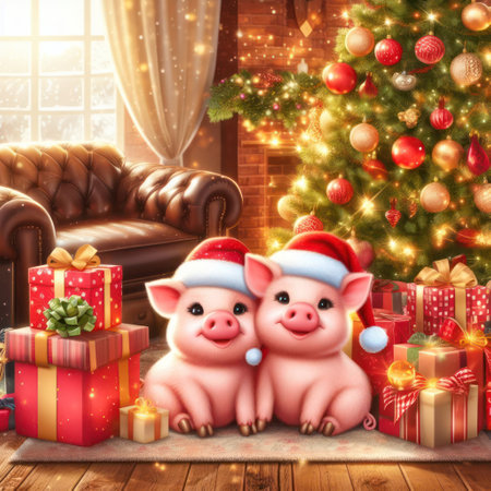 Two cute pigs in Santa Claus hats with gifts near the Christmas tree.の素材