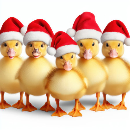 cute fluffy ducklings with santa hats on white 3d art generative aiの素材