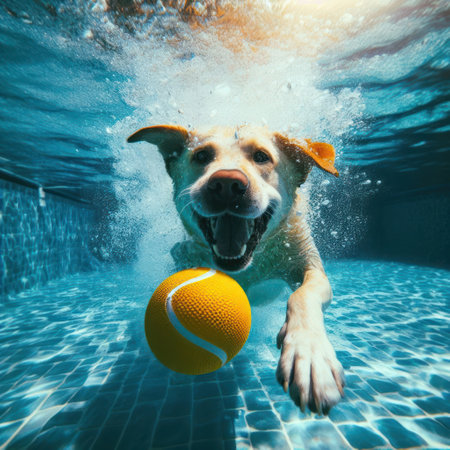 dog playing and fetching the ball from under the water in the pool generative aiの素材