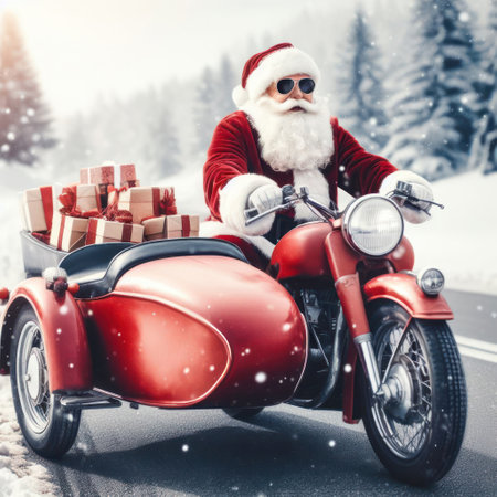 santa claus on a red motorbike with gifts and presents in the sidecar generative aiの素材