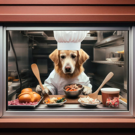 the cook in this restaurant kitchen is dog wearing chefs hat and jacket generative aiの素材
