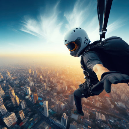 person skydiving and freefalling over a city generative aiの素材