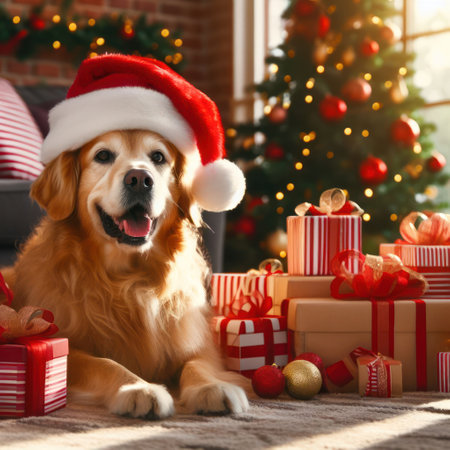 gorgeous dog wearing santa hat amongst the gifts at christmas time generative aiの素材